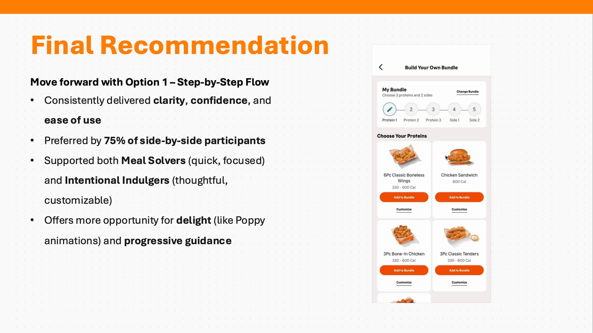 Recommendation slide with the step-by-step screen.
