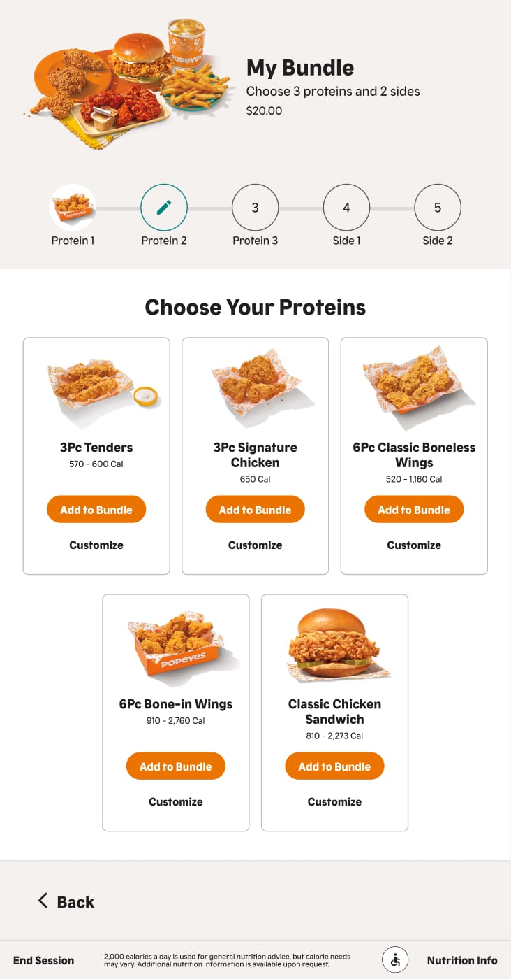 Portrait kiosk screen for choosing proteins.