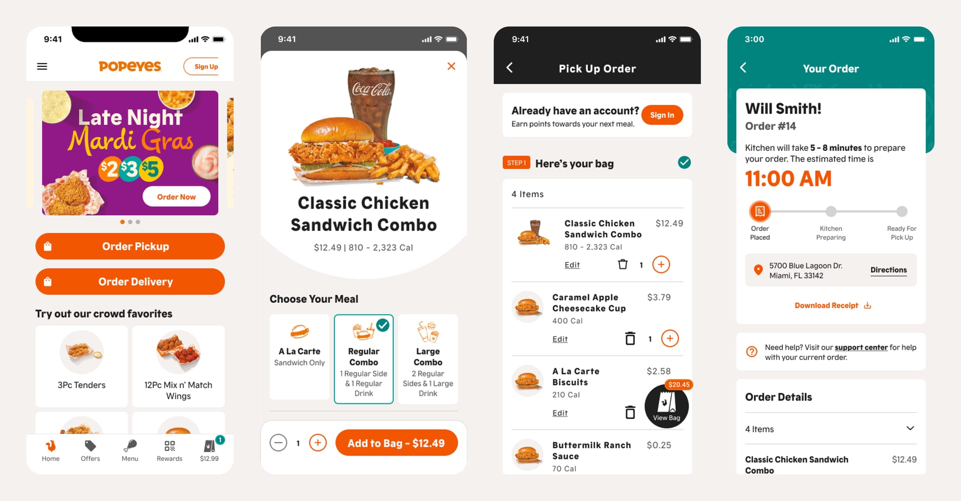 Four phone screens showing the full app order flow.
