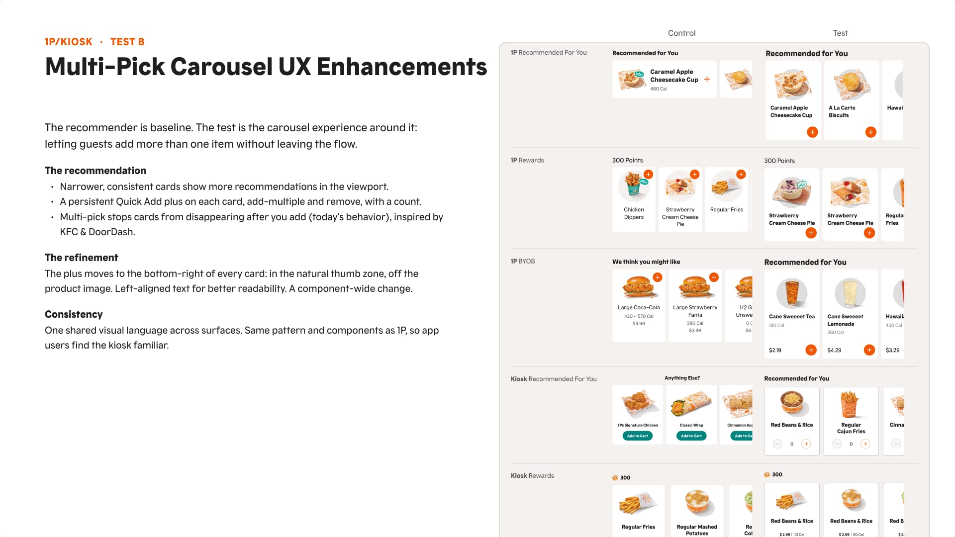 Side-by-side recommendation carousels on app and kiosk.