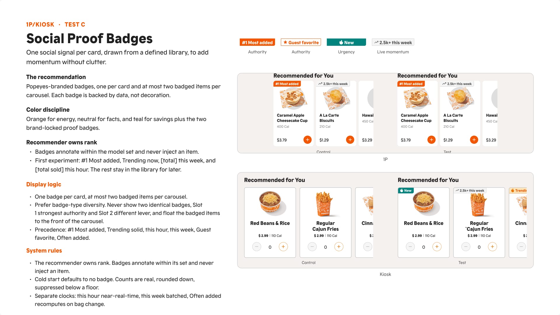 Badge set with display logic and control vs. test carousels.