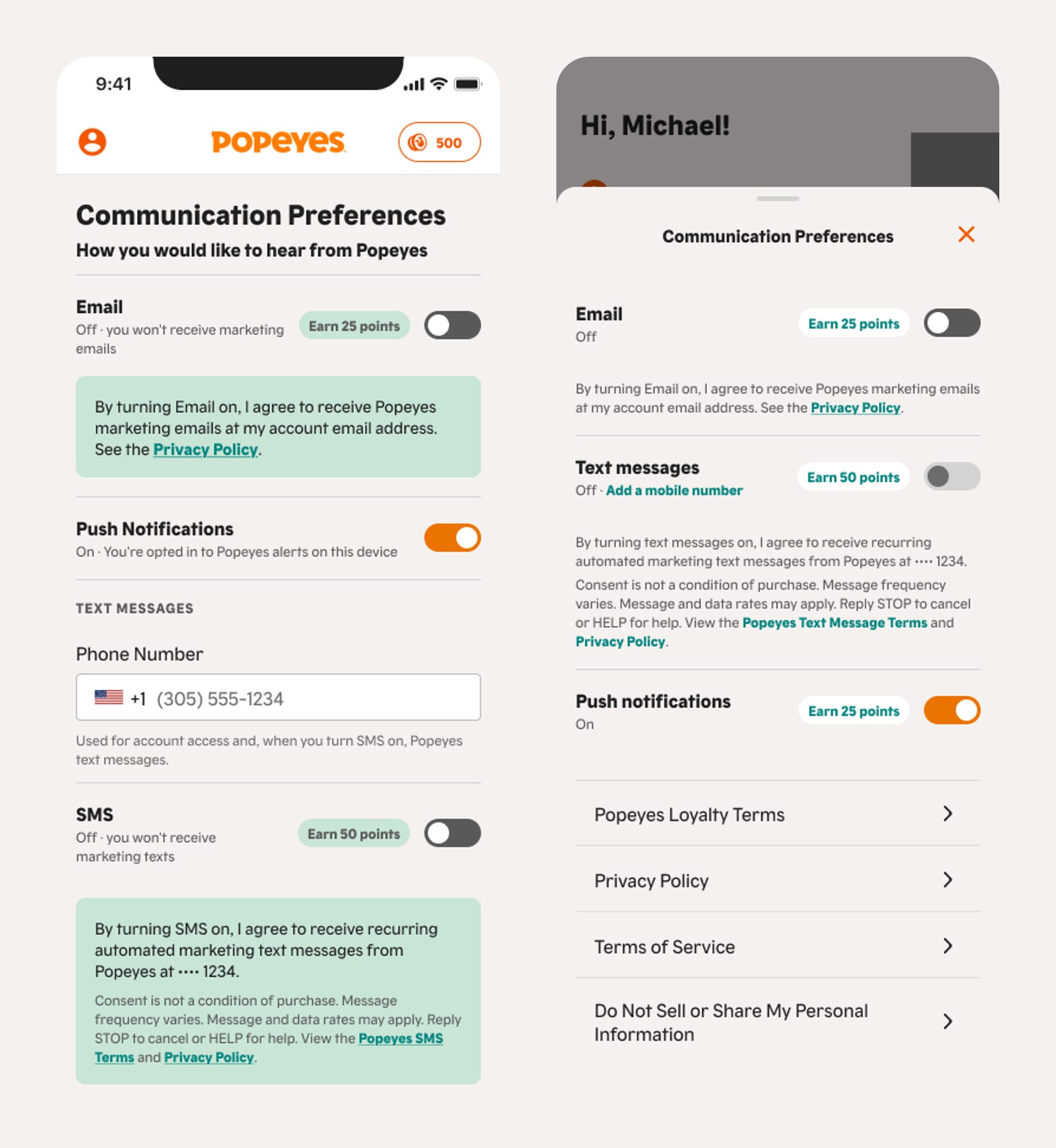 Before and after of the app communication preferences screen.