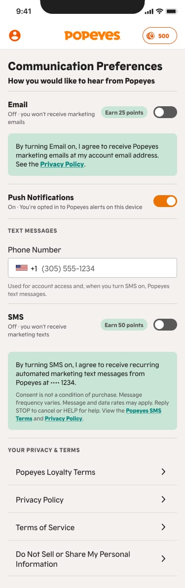 Long phone screen of toggles and legal text.