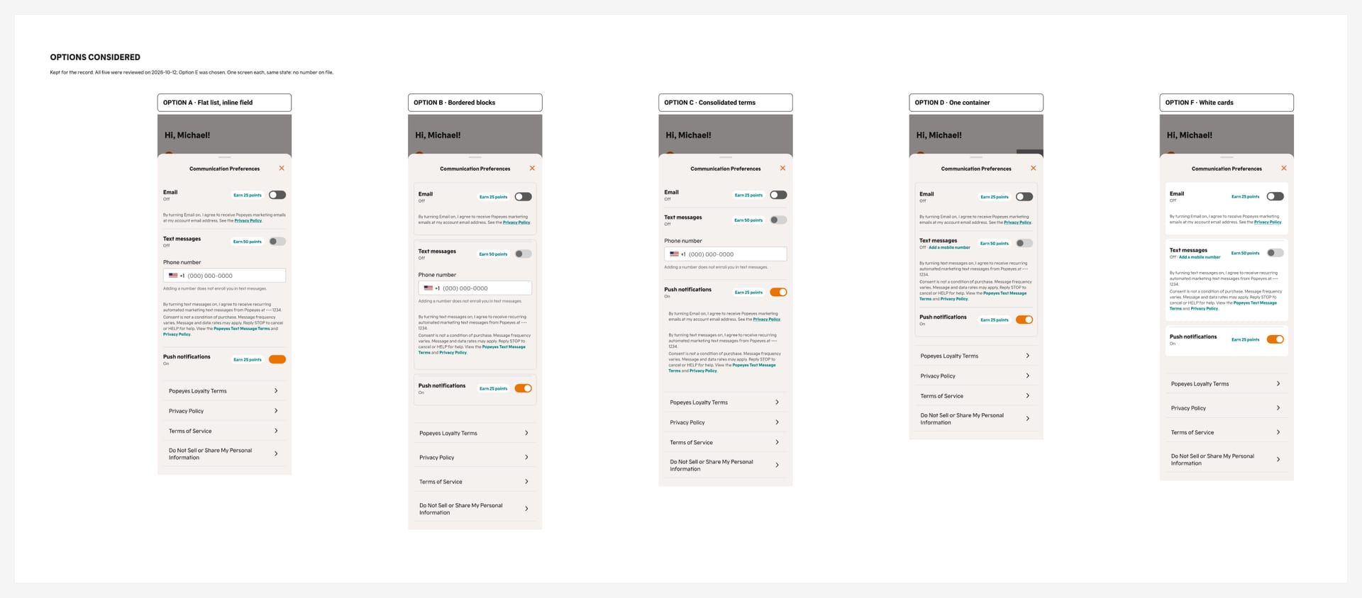 Five alternative phone layouts side by side.