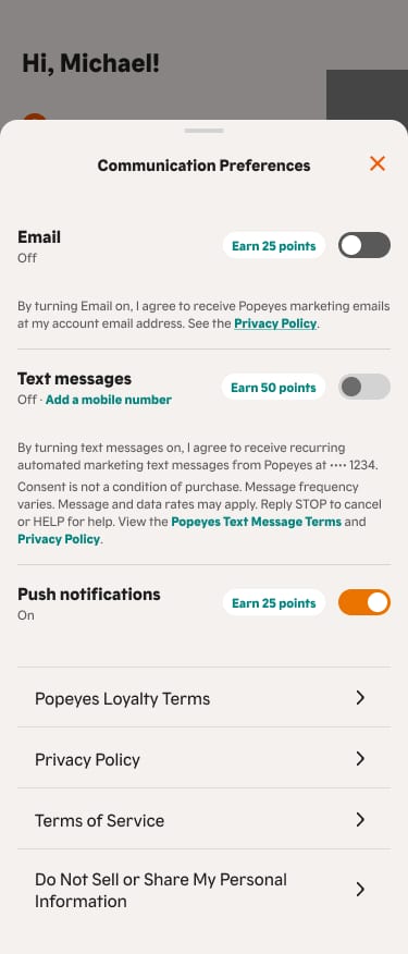 Phone drawer with email, text and push toggles.
