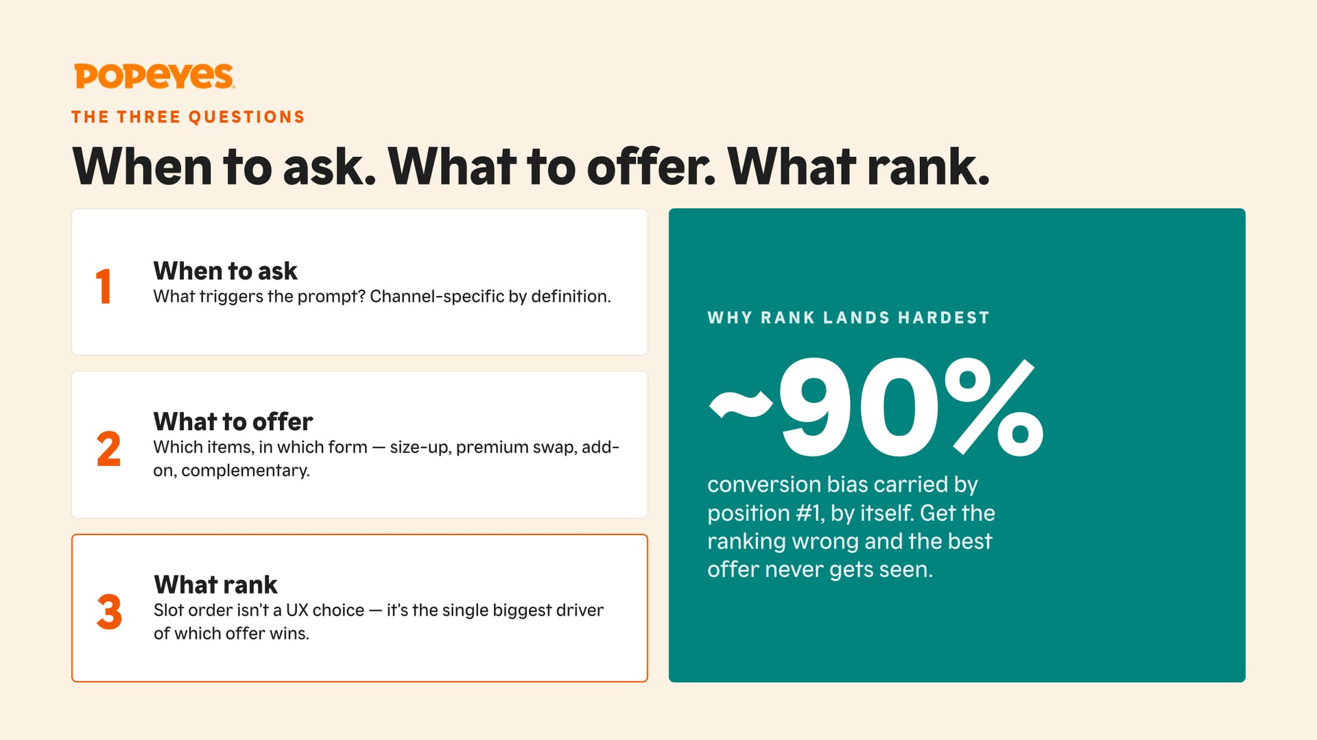 Slide with three numbered questions and a callout about the first recommendation position.