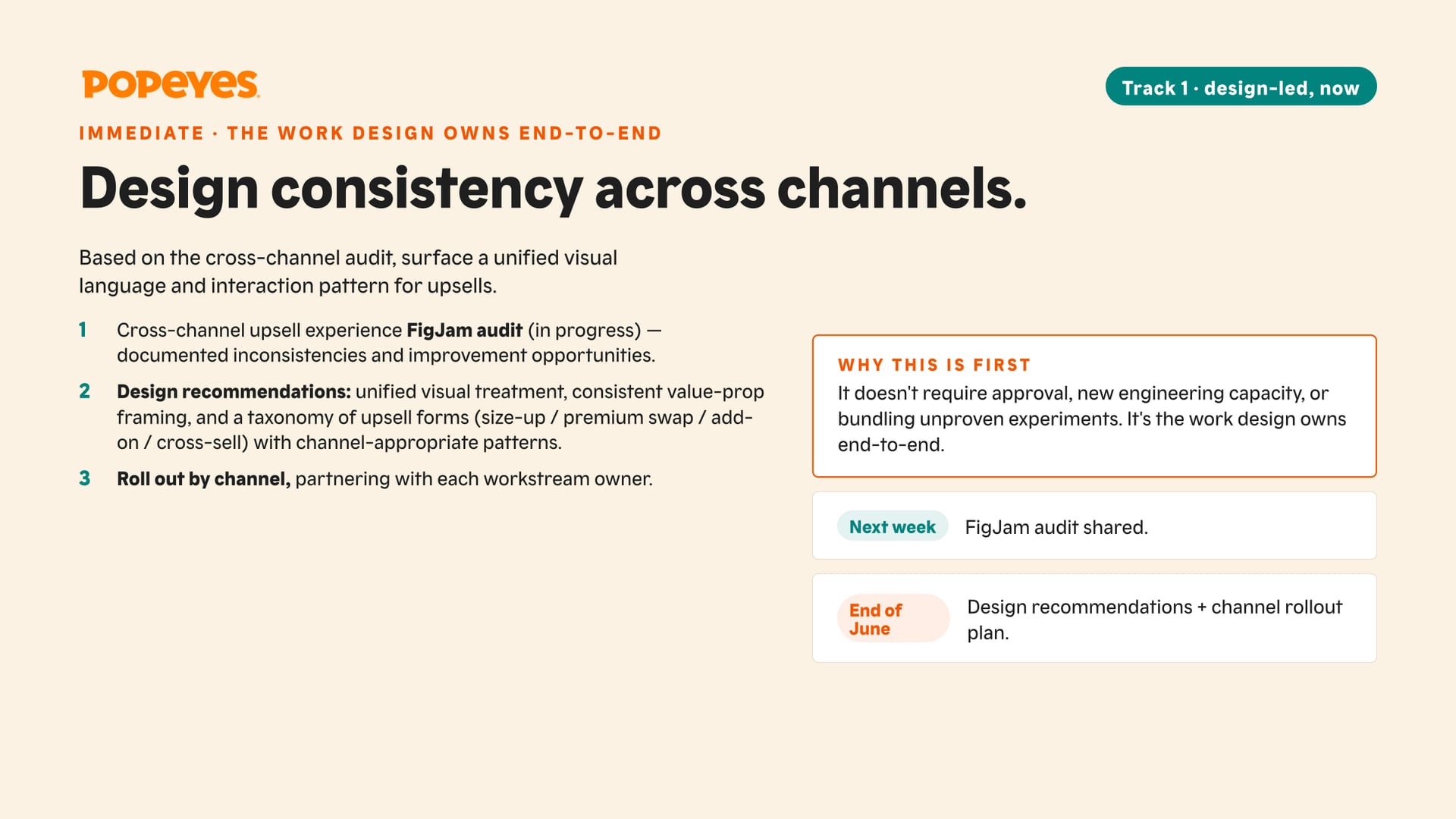 Plan slide listing an audit, design recommendations and channel rollout.
