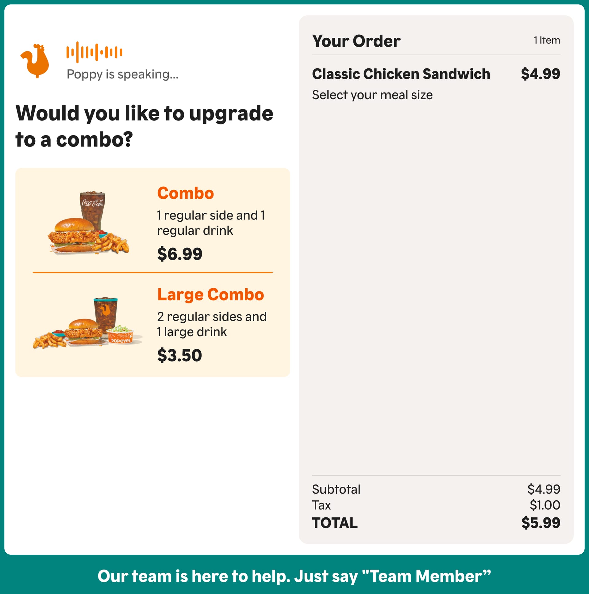 Drive-thru order screen asking "Would you like to upgrade to a combo?" with two options.