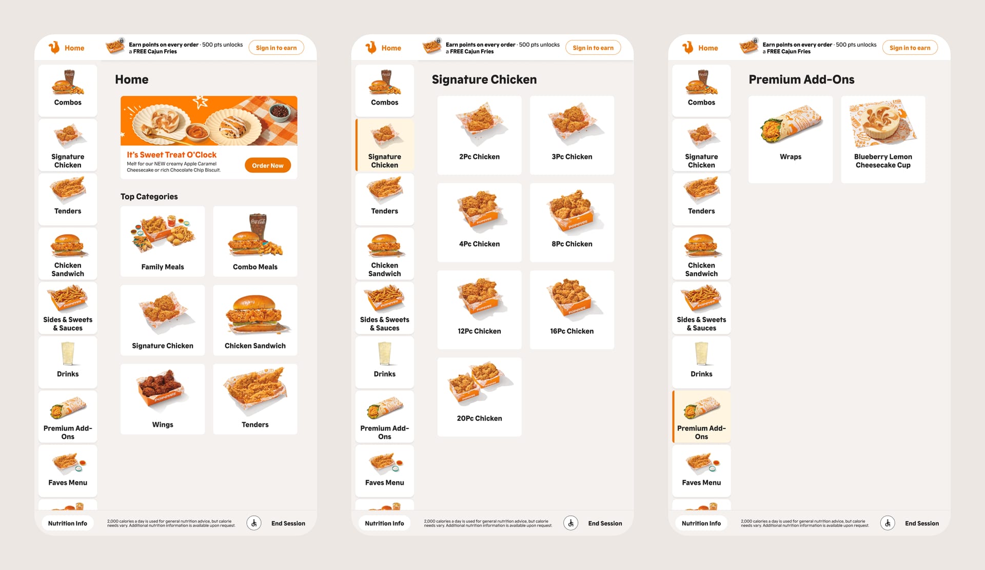 Three kiosk screens: home, Signature Chicken and Premium Add-Ons.