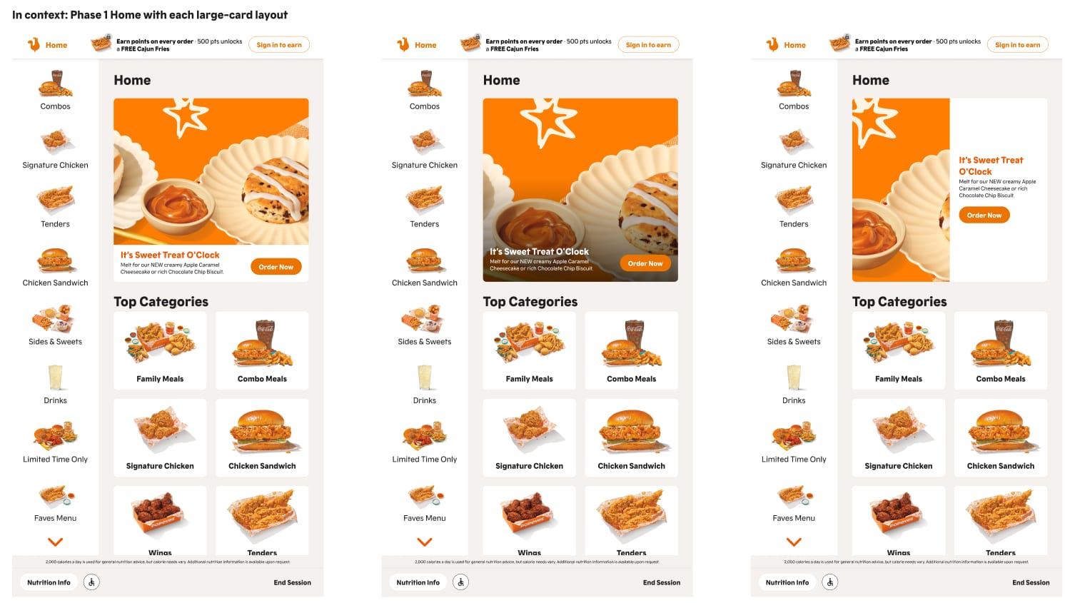 Three kiosk home layouts with larger promotional cards.