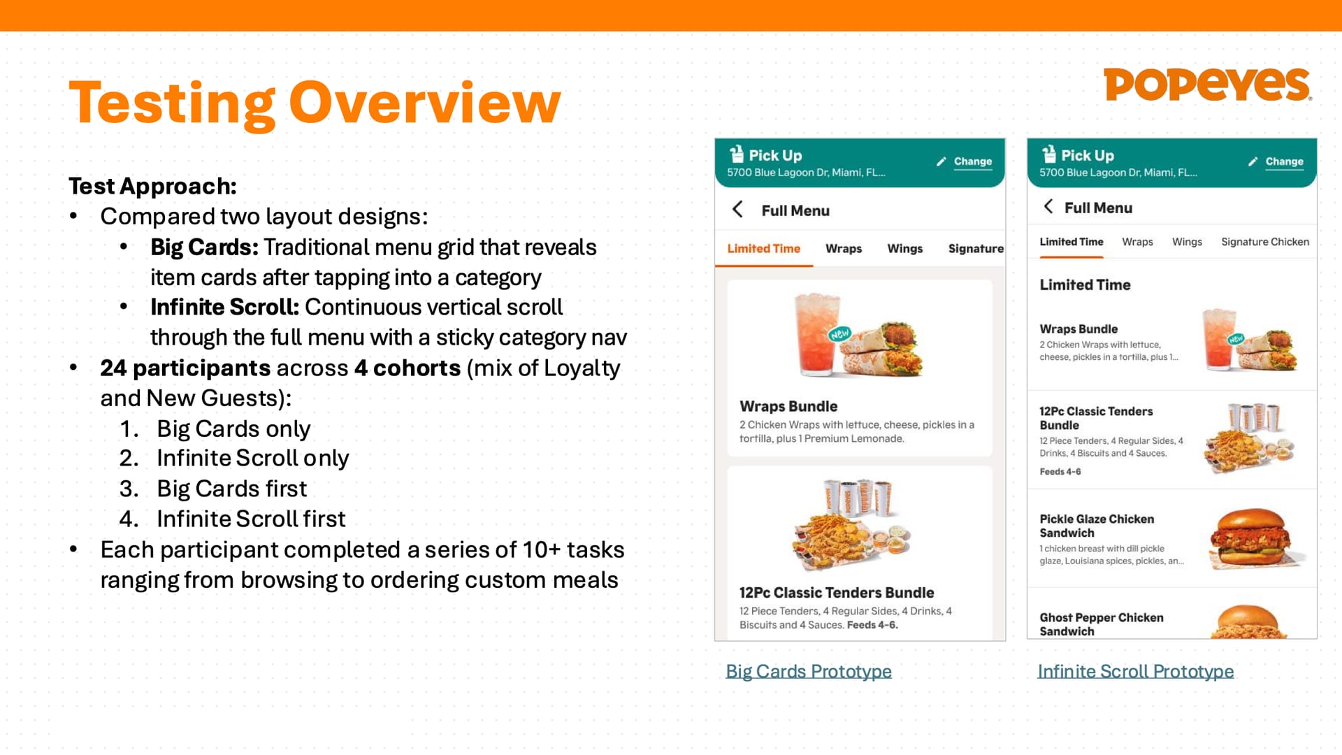 Slide with test approach and two menu prototypes.
