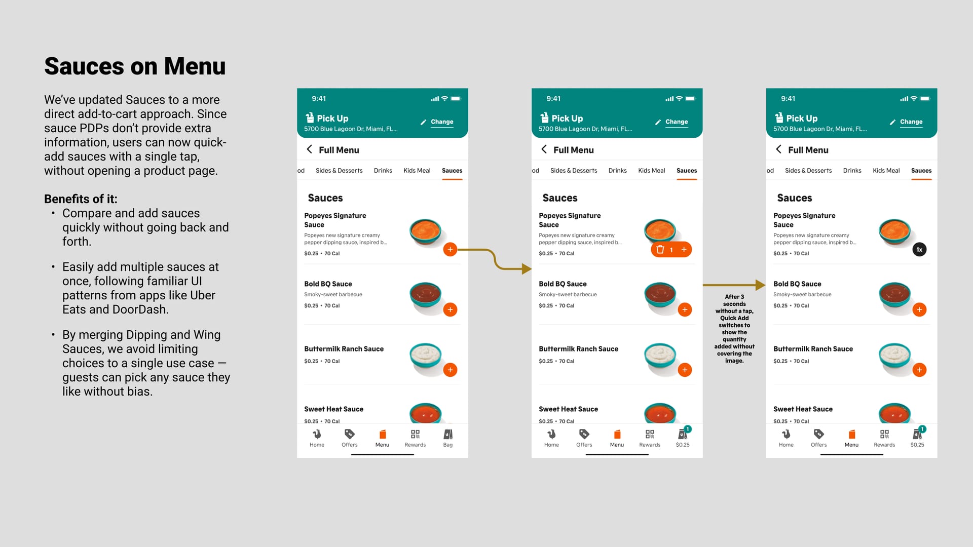 Three phone screens showing a sauce quick-add interaction.