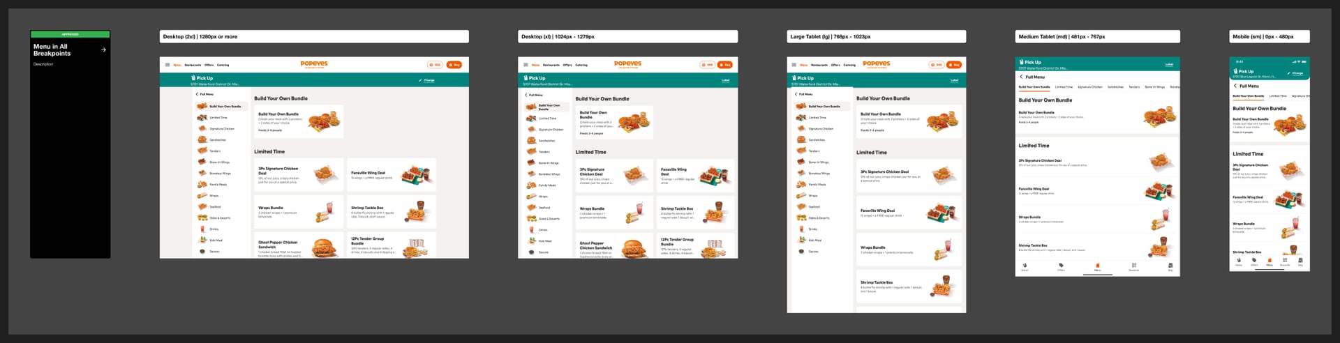 The same menu at five screen widths.