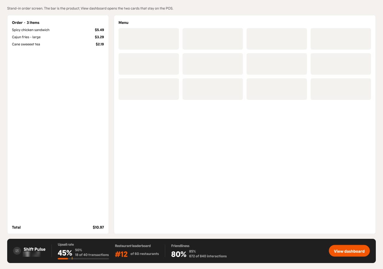 POS order screen with a slim dark progress bar along the bottom.