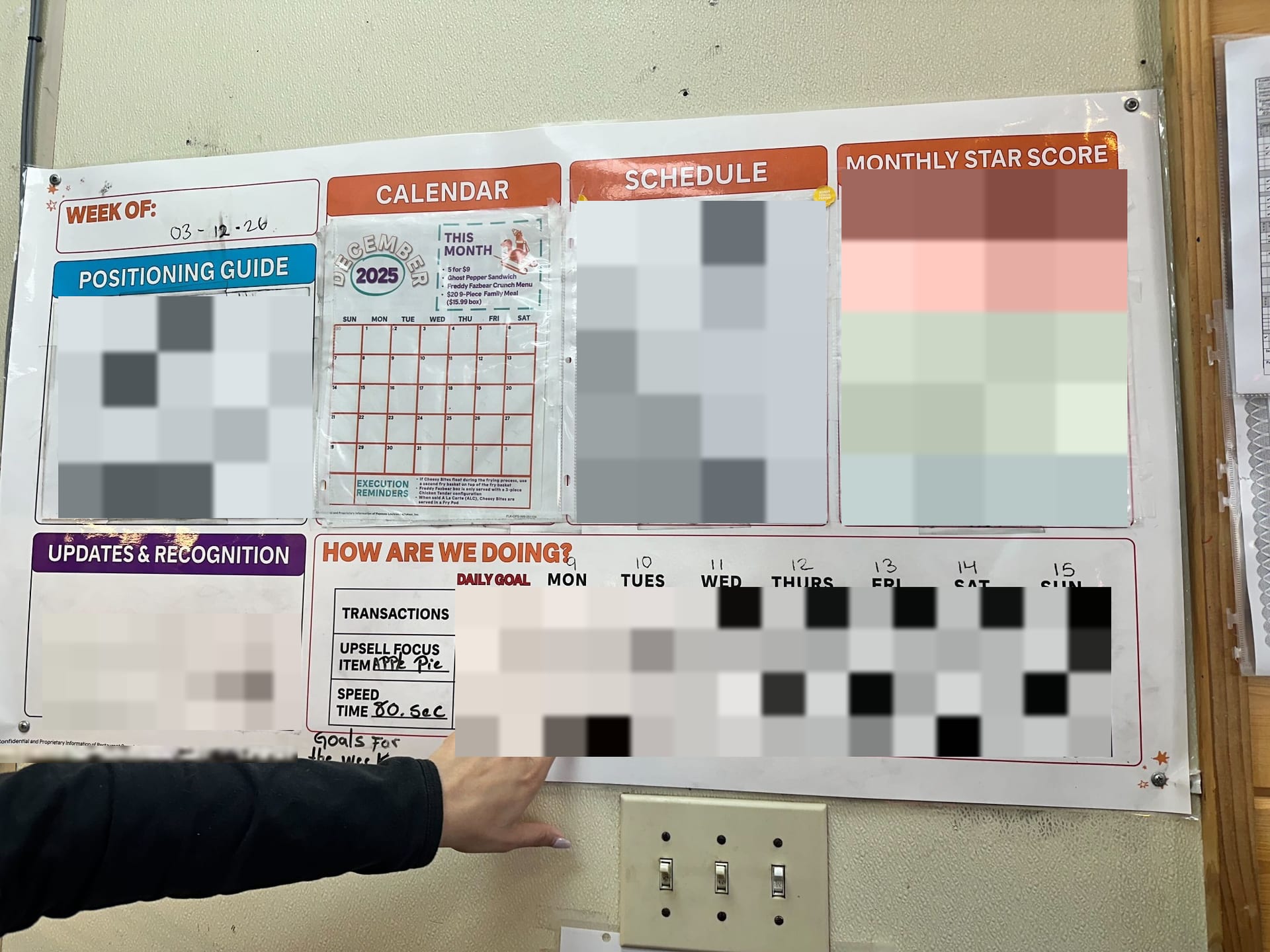 Wall board with sections for positioning, schedule, star score and "How are we doing?", with numbers blurred.