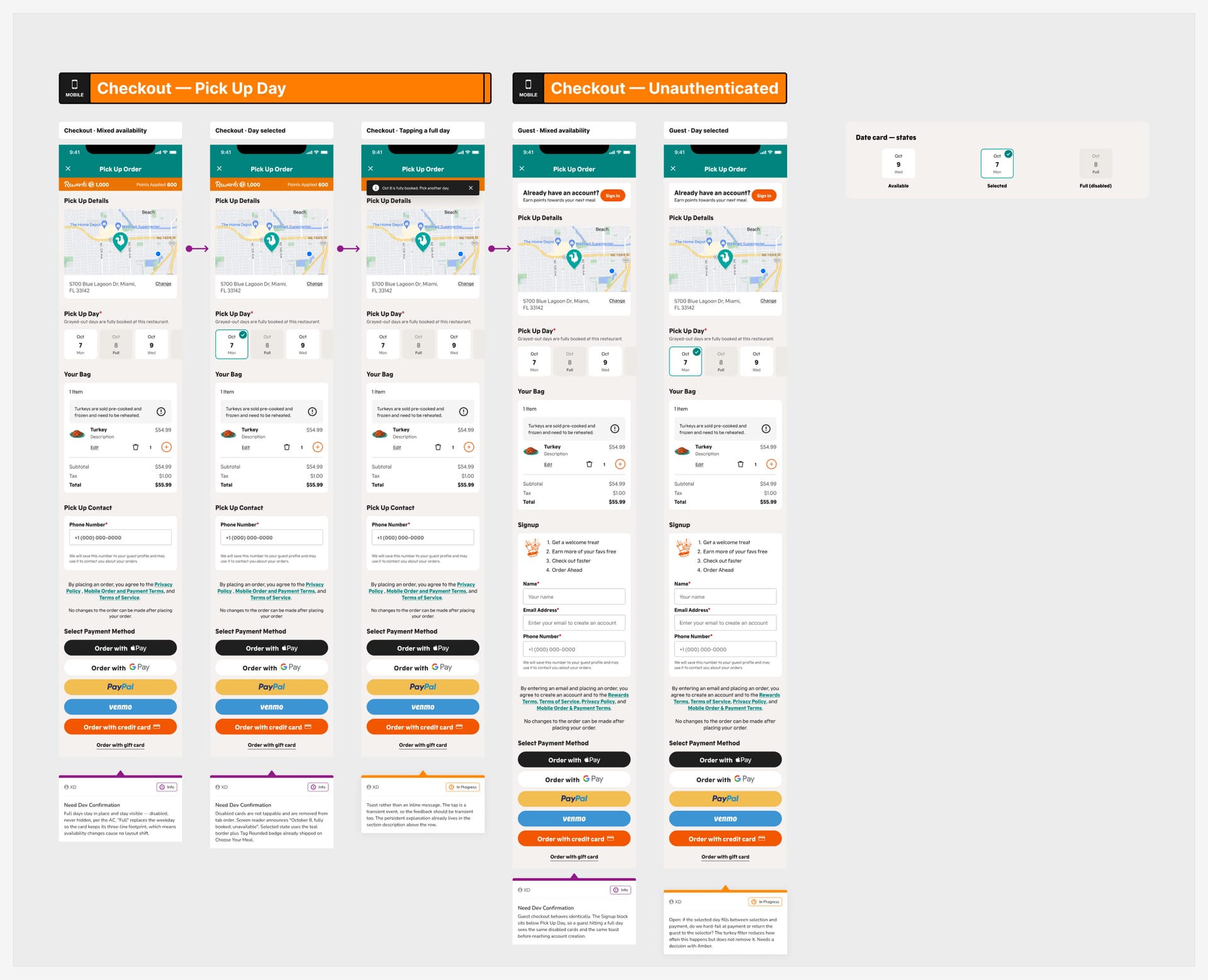 Annotated checkout flows for choosing a pickup day.