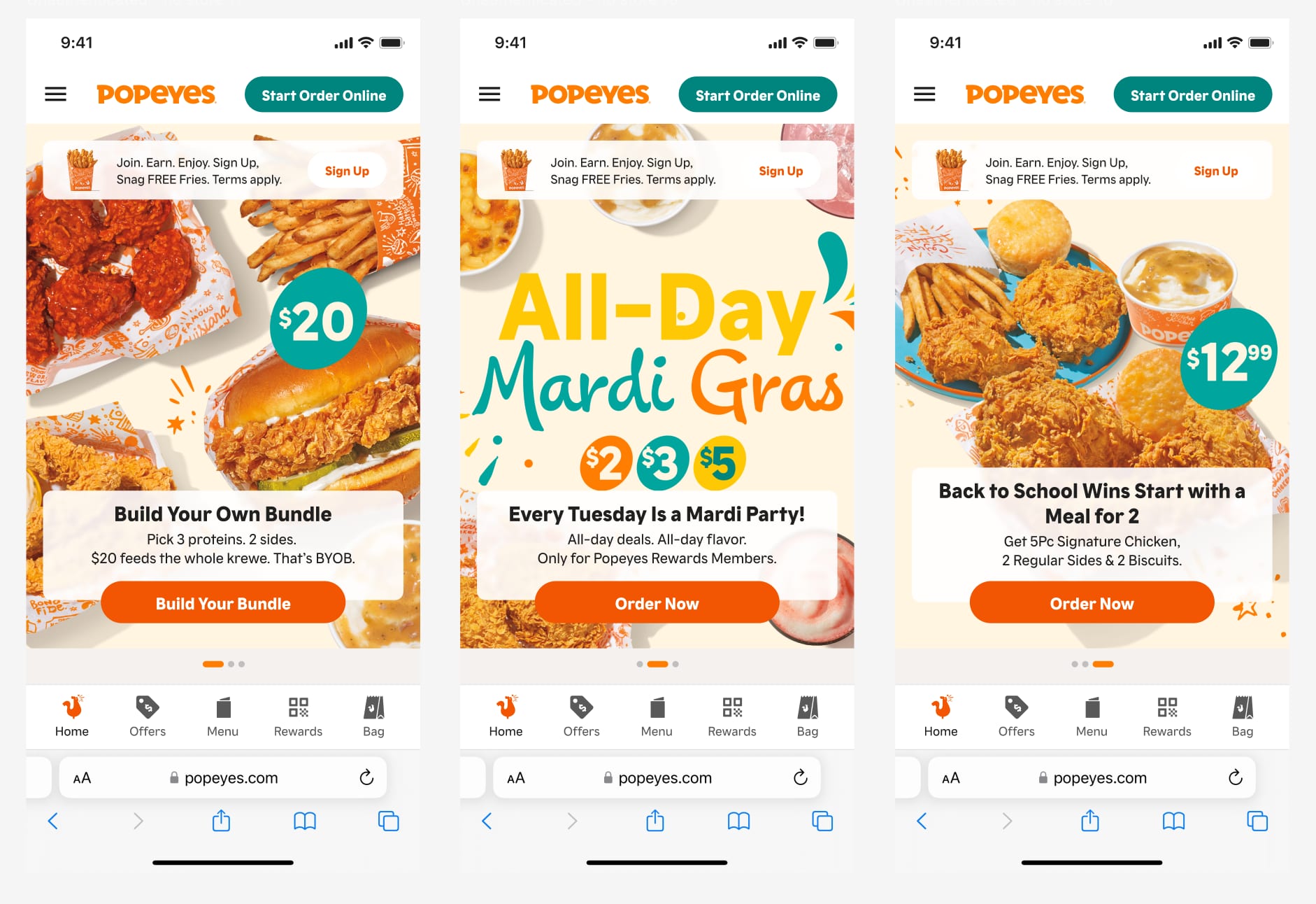 Three phone browser screens with promotional heroes.