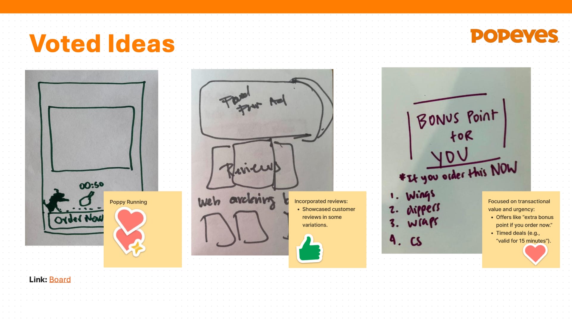 Three hand sketches with sticky-note summaries.