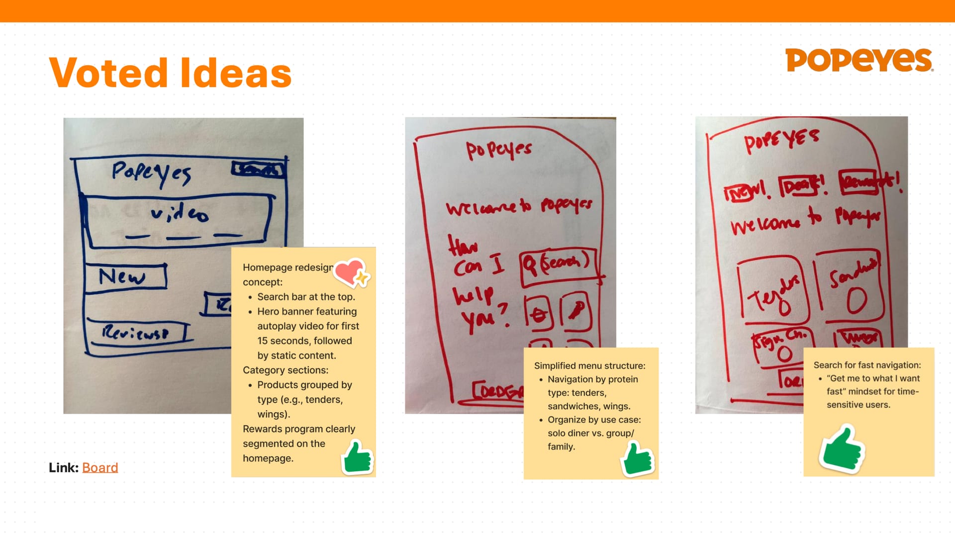 Three hand sketches of homepage layouts.
