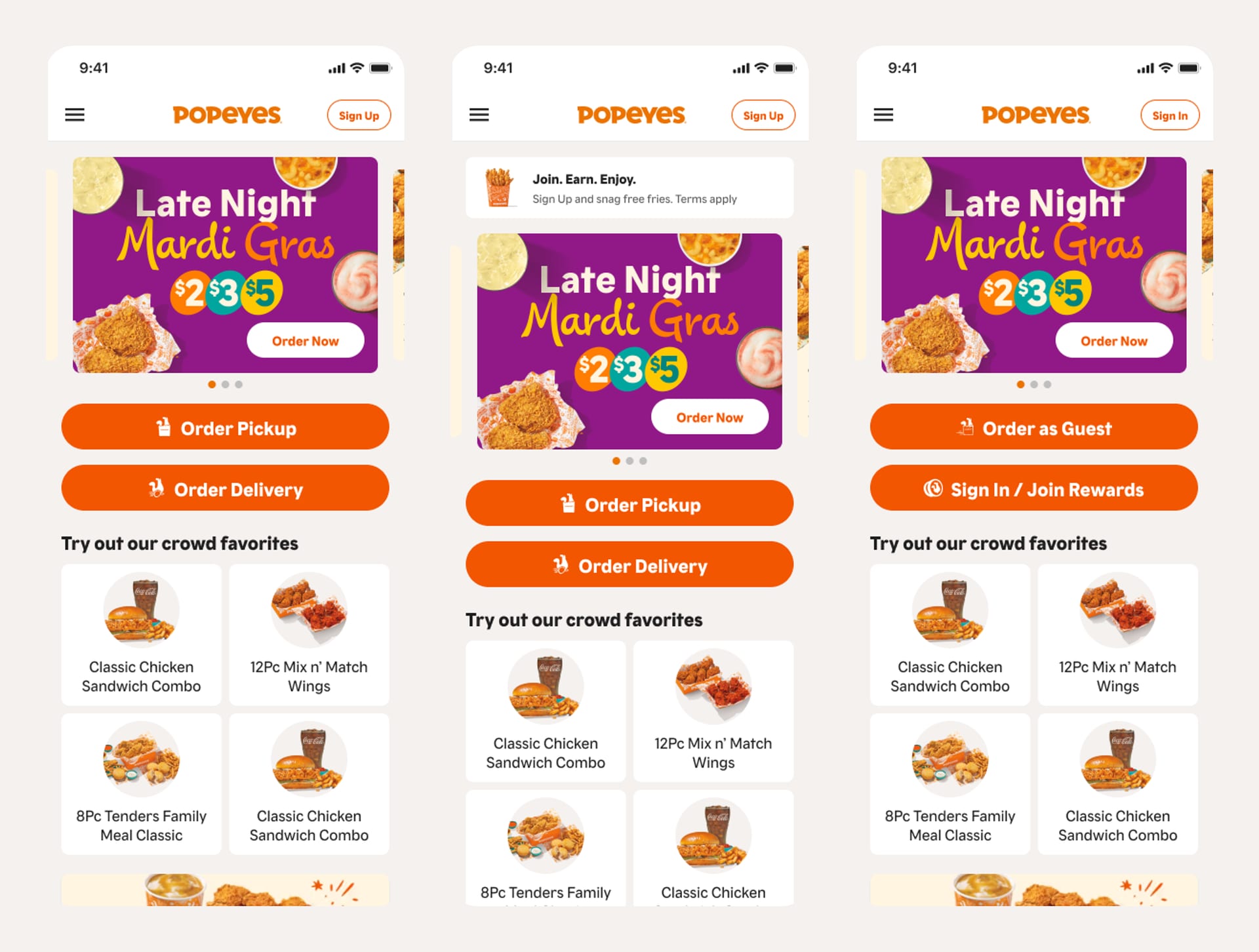 Three homepage variants with different sign-up treatments.